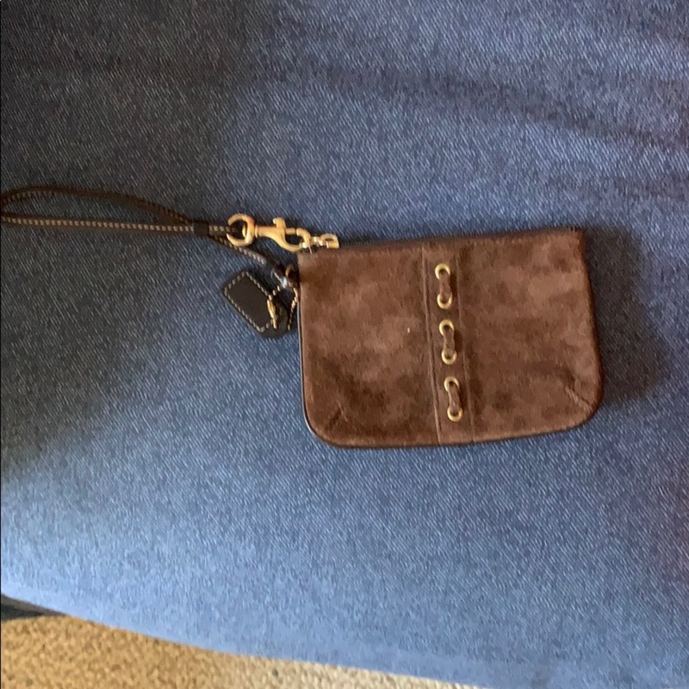 Brown suede Coach wristlet
